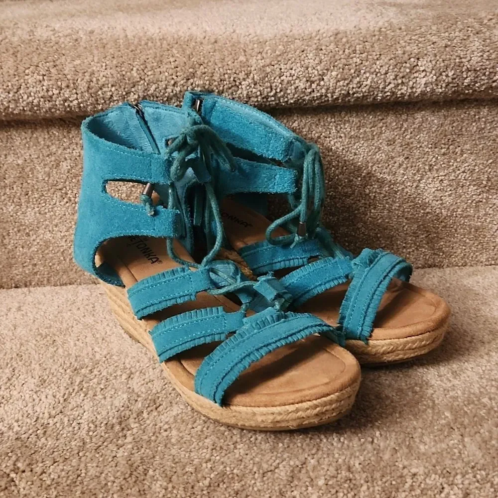 Minnetonka Women's Turquoise Blue Espadrille Wedge Sandals Shoes Size 8